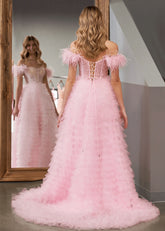 Eudora | Light Pink Red Ball Gown/Princess Off the Shoulder Feather Tulle Formal Dress with Slit - Light Pink - PromDressClub